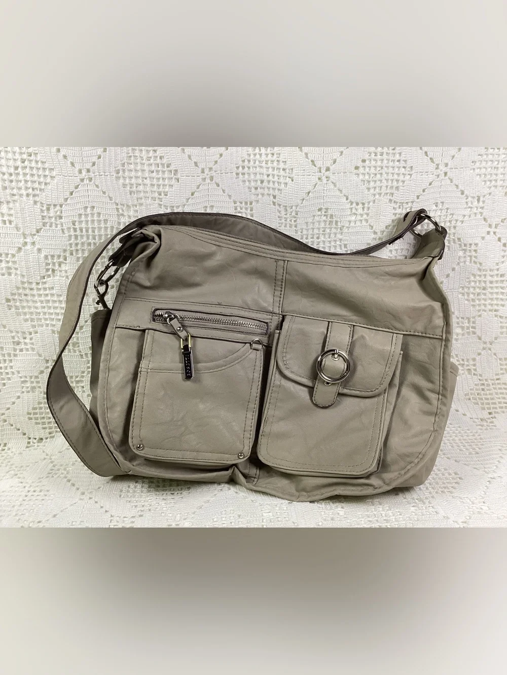 Rosetti Neutral Gray Crossbody Shoulder Bag with Front Pockets